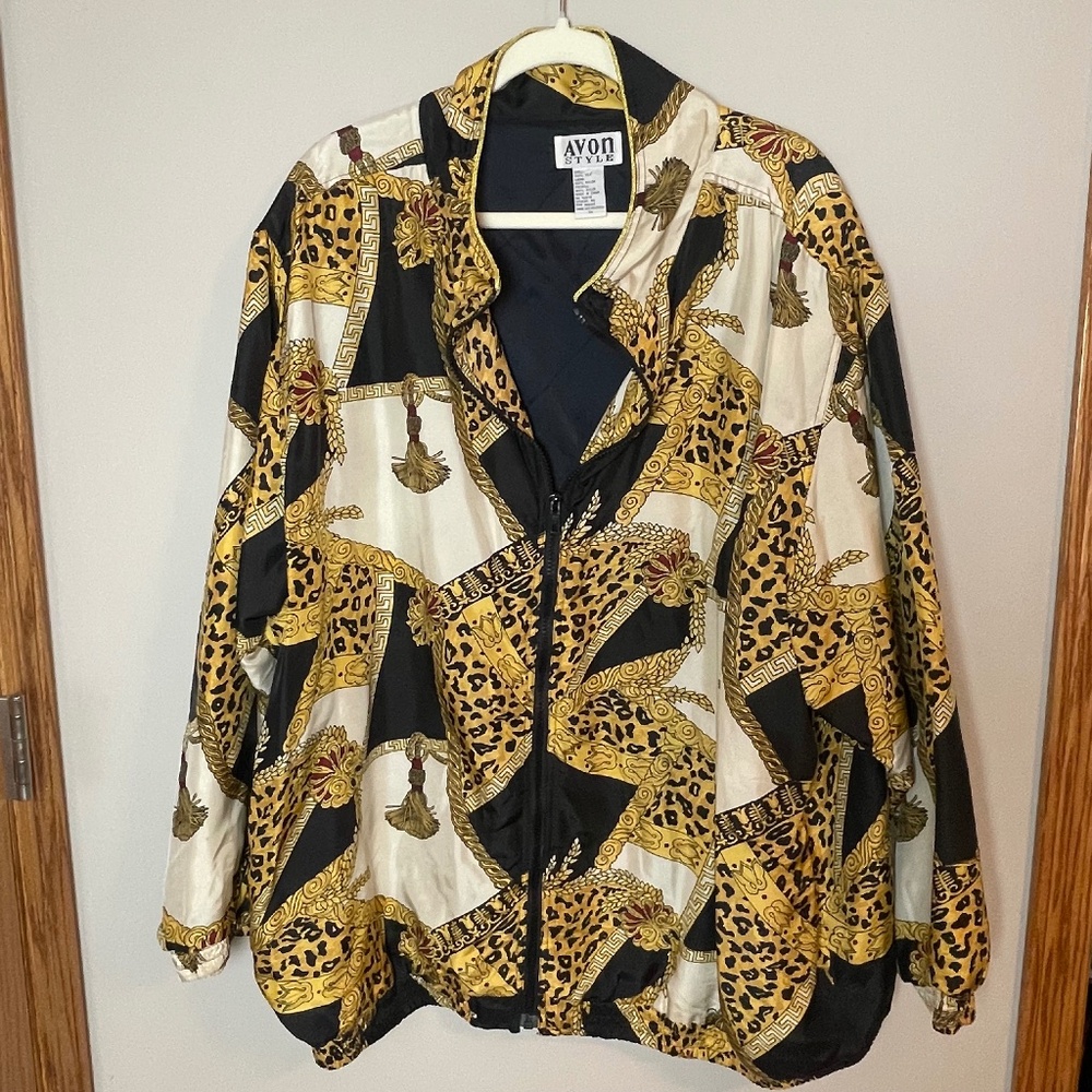 Vintage 90s Leopard Gold Chain Print Baroque Bomber Jacket Black/Gold Womens 3XL